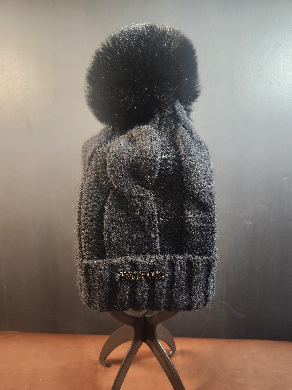 Steve Madden Black Knit Pom-Accent Beanie